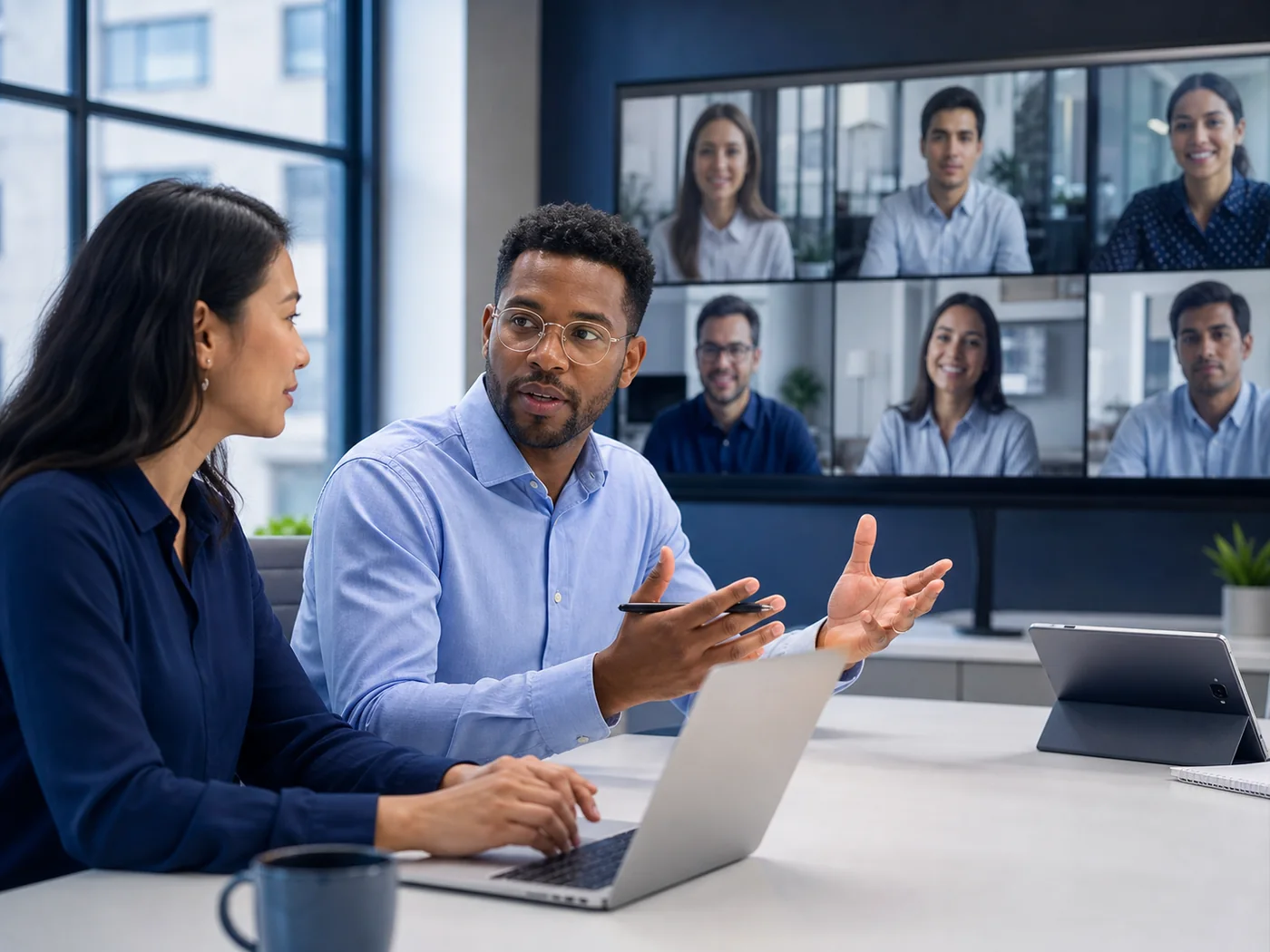 A hybrid project team collaborating with remote colleagues