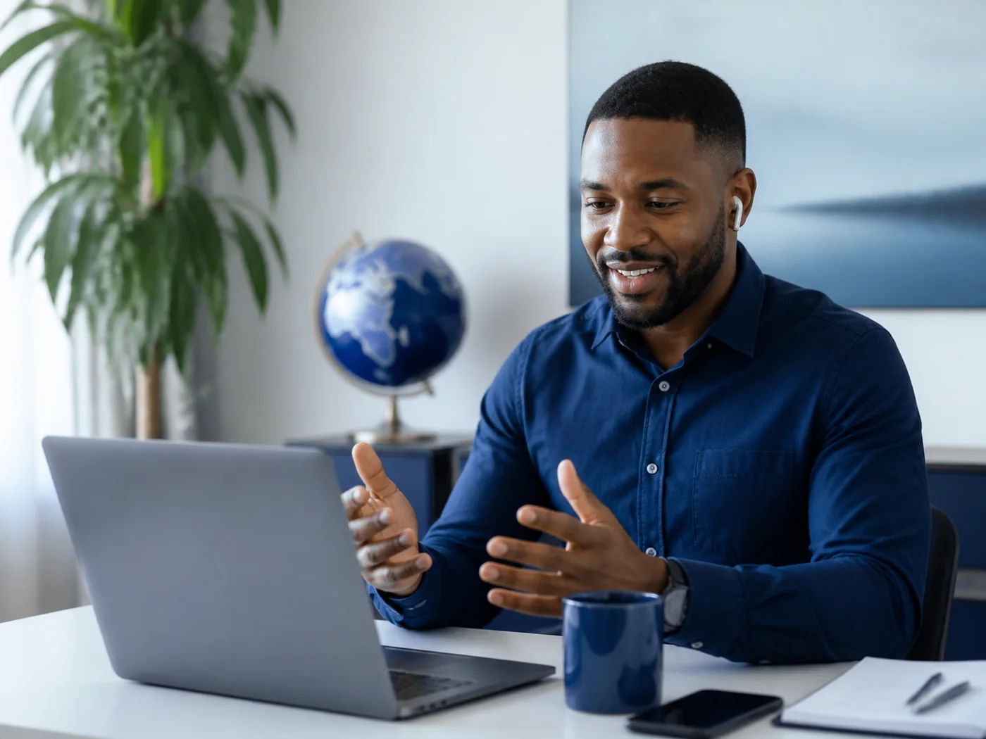 A professional participating in a remote meeting